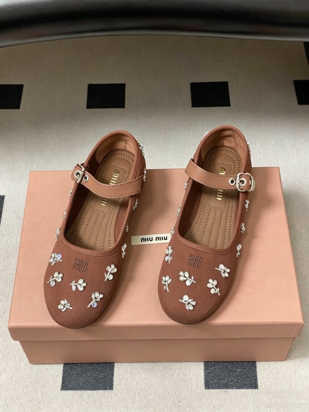 Miu Miu Brown Rhinestone-Embellished Mary Jane Ballet Flats